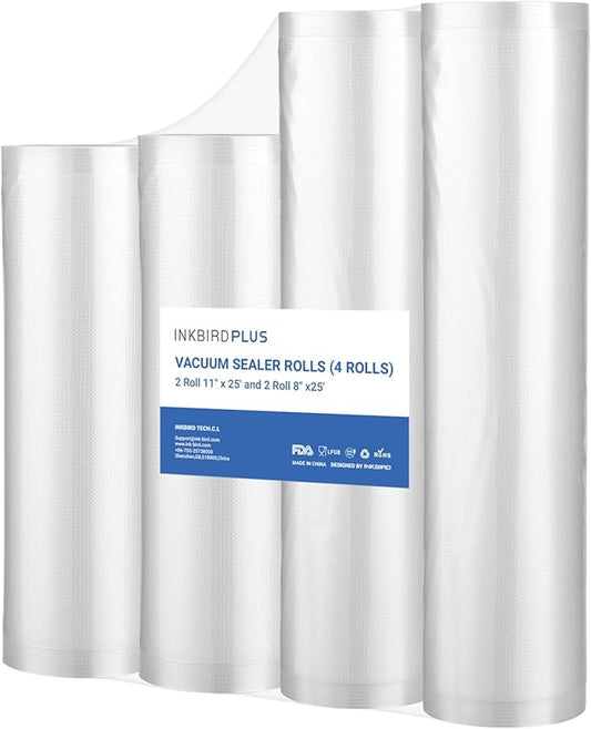 INKBIRD Custom Vacuum Sealer Rolls,Food Storage and Sous Vide Rolls, Vacuum Sealer for Food Preservation 4 Pack Vacuum Sealer Bags 11" x 25' (2 Rolls) & 8" x 25' (2 Rolls), BPA-Free