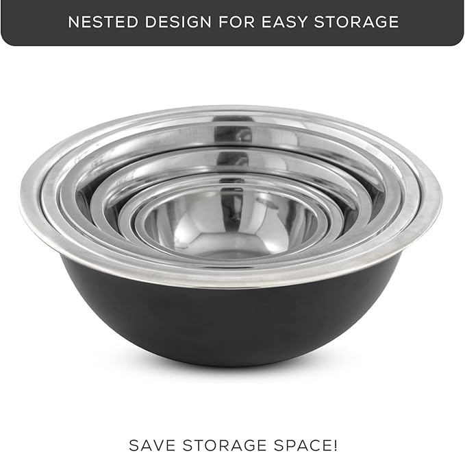 JoyJolt Stainless Steel Mixing Bowl Set - 6 Piece Nesting Bowls, 5qt to 0.5qt, Black, Perfect for Dough, Batter & Baking