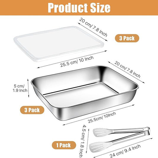 3 Set Stainless Steel Breading Trays Set with Lids, Dust Proof Breading Pans with Tong for Dredging Chicken Breasts，Marinating Meat, Food Prep Trays Oven & Dishwasher Safe