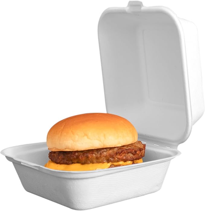 ‌LxinsECO 6X6 Inch Clamshell Containers (75-pack), Disposable Compostable Bagasse Dessert & Sandwiches Boxes, Microwave & Freezer Safe for Restaurants, Picnic, To-Go Meals Out