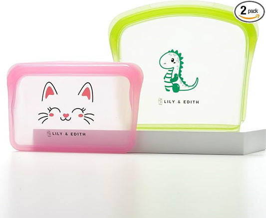 LILY & EDITH Dino Reusable Sandwich Bag/Snack Bag, Reusable Silicone Bag, Travel Pouch, BPA Free, Food-Safe Storage, Leakproof, Airtight, Dishwasher & Microwave & Freezer Safe, Cook, Store (2pk)