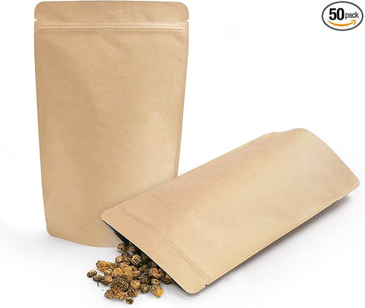 SumDirect Kraft Stand Up Pouches - 50 Pack 6x9inch Self-Sealing Zipper Food Storage Reusable Bags with Foil Lined for Home or Business