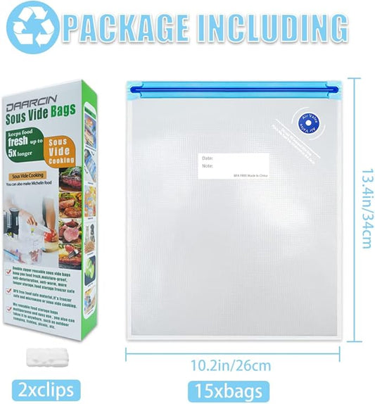 Large Sous Vide Bags,15pcs10.2x13.4in/26 * 34cm BPA Free Reusable Vacuum Sealer Bag,Keep Food Fresh, with 2 Sealing Clips