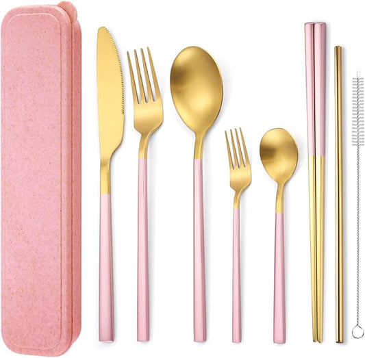 AARAINBOW 6 Pieces Stainless Steel Flatware Set Portable Reusable Cutlery Set Travel Utensils Set Including Chopsticks Knife Fork Spoon Straws Cleaning Brush Dishwasher Safe (B-Pink golden)