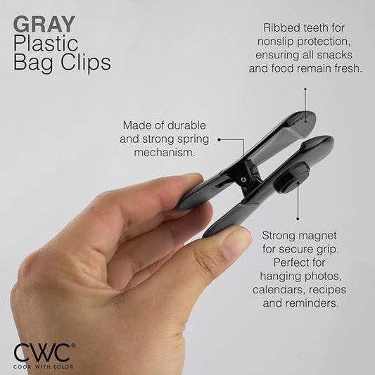 COOK WITH COLOR Bag Clip with Magnet- Chip Bag Clip, Sealing Food Clips, Plastic Clips for Food and Kitchen Storage, Chip Clip and Snack Bag Clips, 5 Pack, Grey