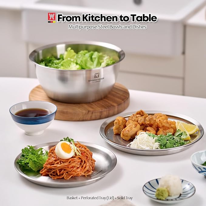 Stainless Steel Mixing Bowl Set (3-Piece) – Multifunctional Food Prep & Baking Tools with Strainer and Serving Tray, Oil Drain Tray, Nesting Storage, Easy Measurement Marks (9.45 Inch)