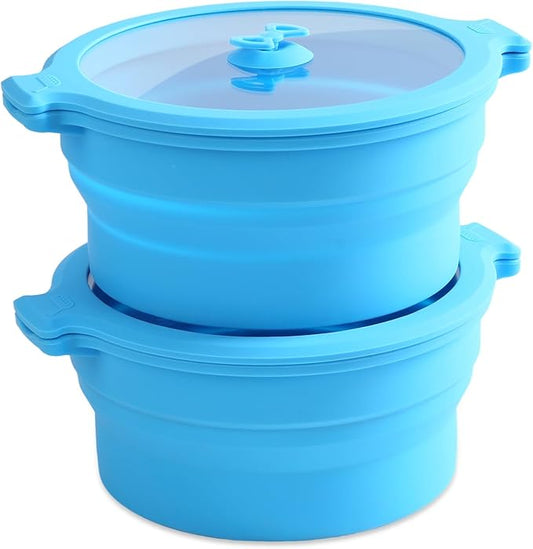 Collapsible Silicone Microwave Cookware Cooker Steamer for Cooking with Lids, 0.8L Glass Food Storage Container Sealed Bowl Mixing Bowls 2pc Set BPA Free