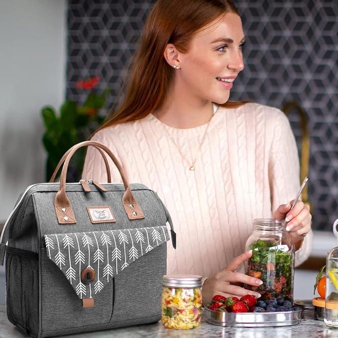 Lekesky Lunch Bag for Women Large Lunch Box Leakproof Cooler Purse for Adults, Cute Insulated Lunch Tote for Work, Lunchbag with Side Pockets and Adjustable Shoulder Strap, 15L, Grey