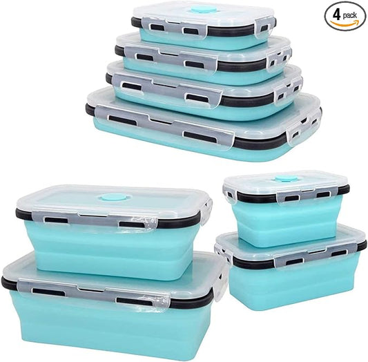 Guyuyii 4 Pack Collapsible Food Storage Containers – Silicone Leakproof Lids, Space-Saving for Home Kitchen Use, RV Accessories, Camping, Travel and Mobility – Microwave, Dishwasher, Freezer Safe