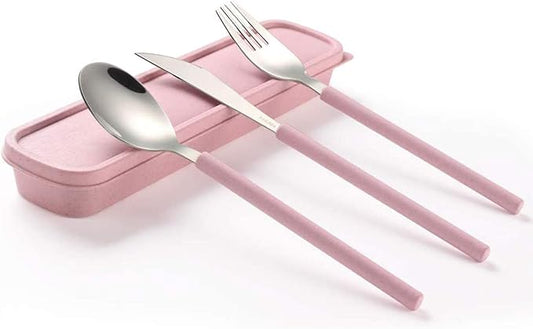 Portable Home Utensils Reusable Flatware Set with Case, Stainless Steel Metal Travel Cutlery Lunch Tableware 3 PCs Fork Spoon Knife with Colored Handle(Fork Spoon Knife 1 set, Pink)