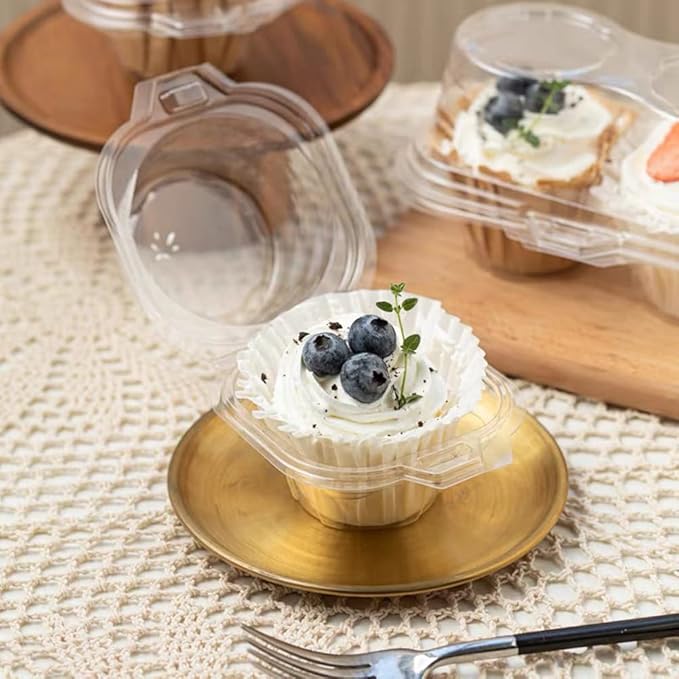 100 Pcs Cupcake Boxes Plastic Individual Cupcake Containers Single Cupcake Carrier with Connected Airtight Dome Lid for Party