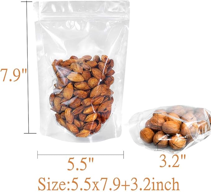 100 Pack Smell Proof Mylar Bags 5.57.9+3.2inch, Resealable Stand Up Food Storage Bags Clear Reusable Self Seal Zipper Lock Mylar Bags for Food, Seeds, Pills (5.57.9+3.2inch)