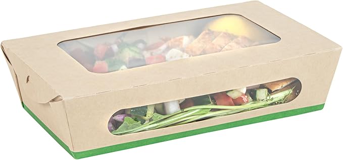 Restaurantware-Sustain 35 Ounce Sturdy Paper Take Out Boxes, 50 Disposable Take Out Food Containers - With PLA lining, Two Clear PLA Windows, Bamboo Paper Containers, Compostable, Tab-Lock Design