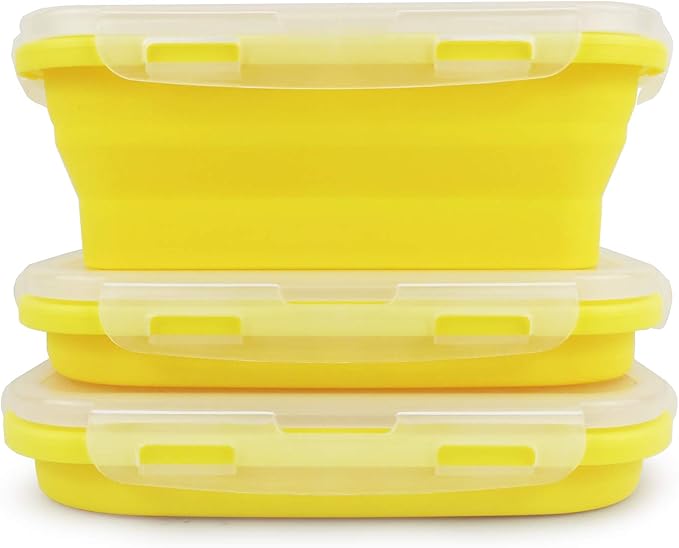 CCyanzi Set of 3 Yellow Collapsible Food Containers Collapsible Camping Bowl Silicone Storage Containers, Safe to Microwave and Freezer, 800ml