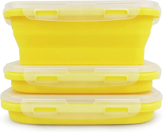 CCyanzi Set of 3 Yellow Collapsible Food Containers Collapsible Camping Bowl Silicone Storage Containers, Safe to Microwave and Freezer, 800ml