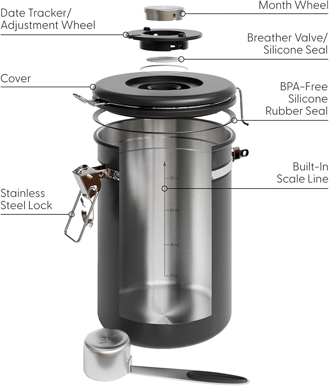 Veken 38oz Large Coffee Canister with Window, Airtight Stainless Steel, Kitchen Food Storage Container with Lids, Date Tracker and Scoop, Grounds Coffee Beans, Tea, Flour, Cereal, Sugar Jars, Black
