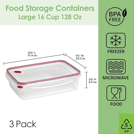 Tribello Plastic Food Storage Containers With Lids - Large 15.2 Cup (121 Oz) Airtight Container Box For Food Storage, Freezer, Microwave And Dishwasher Safe, Airtight Lids, BPA-Free - 3 Pack