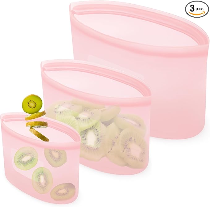 Reusable Silicone Storage Containers Bags Dishwasher Microwave Safe, BPA Free Silicone Bags, Reusable Gallon Freezer Bags for Sandwich, Cereal, Vegetable, Home Organization (Pink 8oz 18oz 32oz 3Pack)