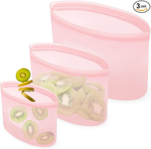 Reusable Silicone Storage Containers Bags Dishwasher Microwave Safe, BPA Free Silicone Bags, Reusable Gallon Freezer Bags for Sandwich, Cereal, Vegetable, Home Organization (Pink 8oz 18oz 32oz 3Pack)