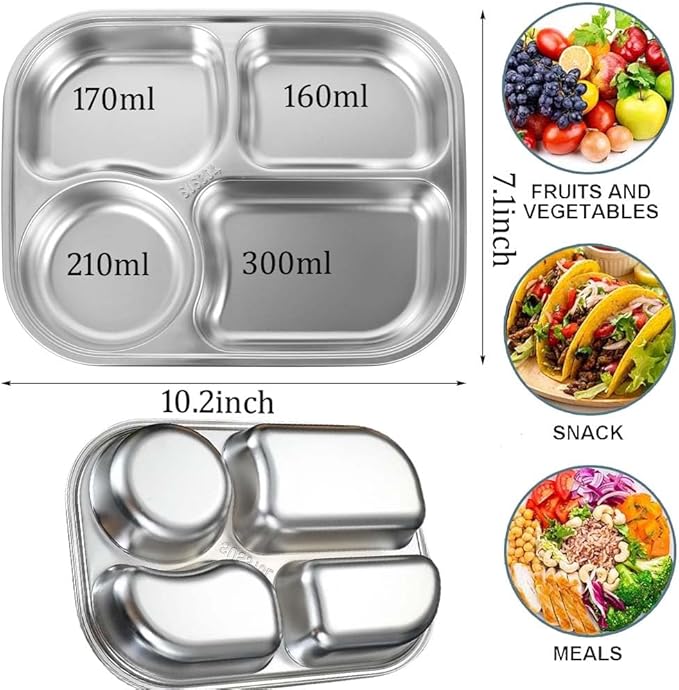 2 Pack Stainless Steel Rectangular Divided Plates Tray,4 Sections Dinner Plates for Adults,Picky Eaters,Campers,Diet Food Portion Control lunch tray