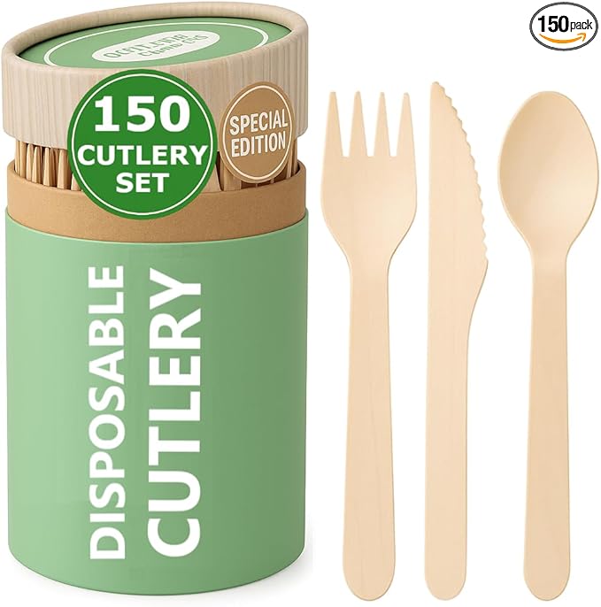 (150 Pcs) Special Edition Compostable Cutlery Set - Disposable Wooden Cutlery Set - Alternative to Plastic, Eco Friendly, Biodegradable, 50 Each Wooden Spoons, Knives, Forks Disposable Utensils Set