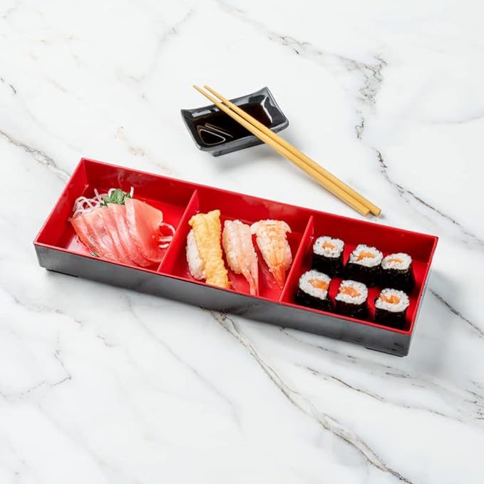 Restaurantware-14 x 4.6 x 2.4 Inch Compartment Lunch Container, 1 Japanese Style Adult Lunch Container - With 3 Compartments, Greaseproof, Black & Red Plastic Divided Lunch Box, For Hot & Cold Food