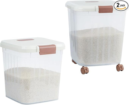 2PCS Airtight Flour Sugar Storage Containers with Lids, Easy to Move, Plastic Rice Cereal Grain Pet Food Bin with Wheels for Kitchen Pantry Organization (20lbs & 50lbs)