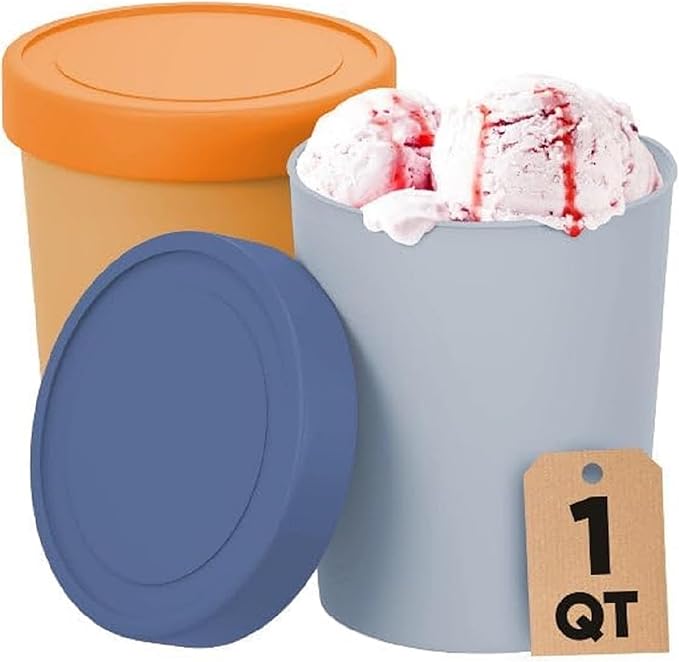 Starpack 'Freeze the Day' Ice Cream Storage Container for Freezer (2 Pcs) - 1 Quart Ice Cream Containers for Homemade Dessert - Reusable Frozen Treat Containers with Lids - Leak-Free Lids (Silicone)