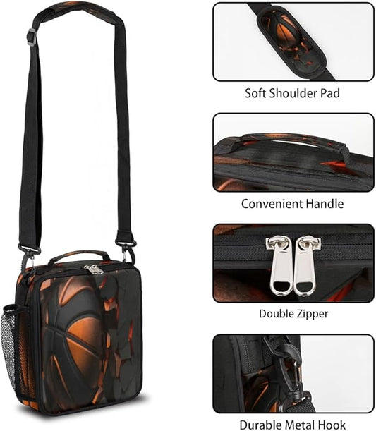 Basketball Kids Lunch Box for Boys Girls Sports Basketball Lunch Bag for Kids Insulated Lunchbox with Adjustable Shoulder Strap Teens Cooler Lunch Bag for School Picnic