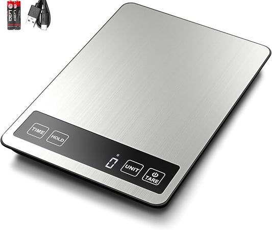 Fuzion Food Scale, 1g/0.1oz Kitchen Scale - 22lb, 7 Units, Tare & Timer Functions, Rechargeable Power, Tempered Glass & Stainless Steel - Digital Food Scale Grams and oz for Cooking, Baking
