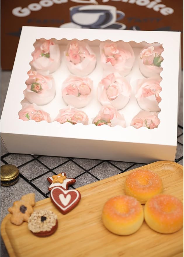 qiqee 12 Cupcake Boxes with Window 16-Packs White Cupcake Box 13"x10"x3.5" Cupcakes Carrier, 12 Cupcake Containers