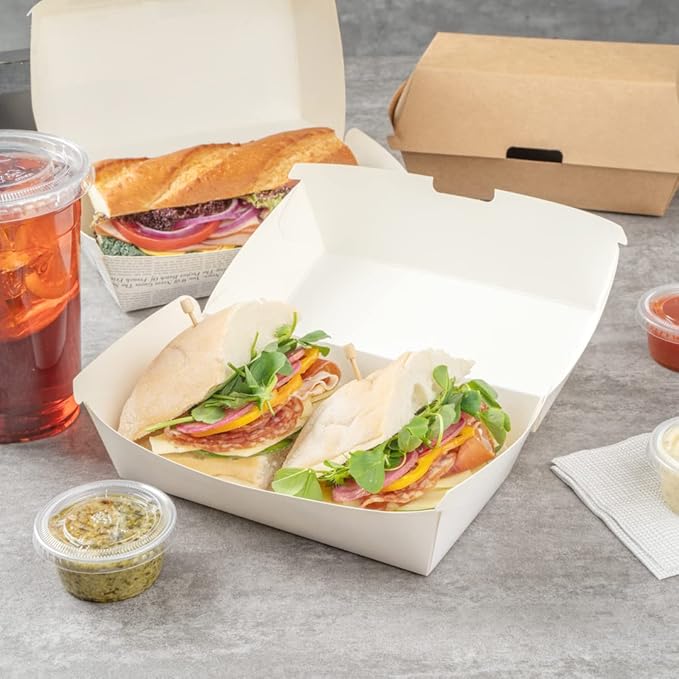Restaurantware Bio Tek 6.7 x 3.5 x 3.5 Inch Clamshell Food Containers 100 Disposable Sandwich Containers - Hinged Lid Tab-Lock Closure White Paper Hot Dog Containers Recyclable Greaseproof