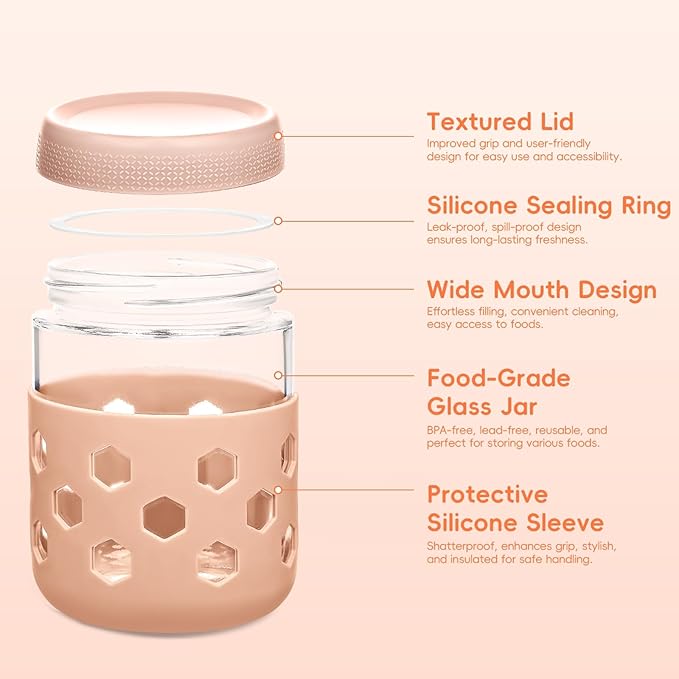 6-Pack Overnight Oats Containers with Lids and Protective Silicone Sleeve, 16 oz Glass Chia Pudding Jars with Airtight Lid, Mason Salad Meal Prep Jars for Yogurt Oatmeal