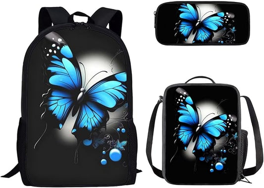Dolyues Blue Butterfly Print 17 Inch Student Backpack, Bento Lunch Bag & Zipper Pencil Holder - Spacious & Trendy for Teen Girls