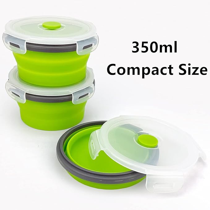 CCyanzi 3piece Round Collapsible Bowl with Lids, Silicone Food Storage Containers, Microwave & Freezer Safe, Space Saving for Kitchen Cabinet and Camping Backpack,(Green Gray)