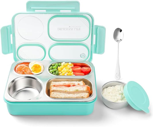 36-oz Lunch Box Containers Stainless Steel Bento Box for Adults with 4-Compartment Snack Tray, Soup Bowl with Lid & Metal Spoon, Dishwasher Safe, Easy to Carry, Green