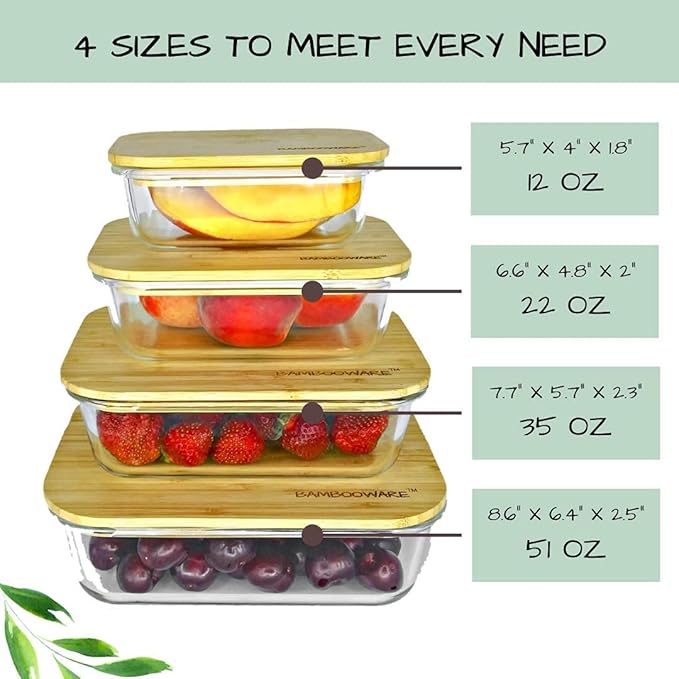 Glass Containers with Lids | Non Plastic Glassware Set - Natural Raw Organic Wooden Bamboo Lids | Set of 4 | Reusable, BPA Free | Perfect for Meal Prep, Lunch, Leftovers, Kitchen