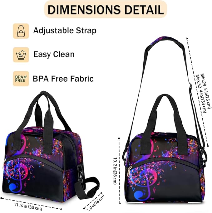 Insulated Lunch Bag for Women Men Abstract Music Note Leakproof Cooler Tote Bag Large Reusable Adult Lunch Box with Adjustable Shoulder Strap for Office Work Picnic Travel Beach