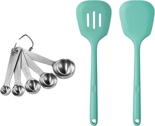 18/8 Stainless Steel Measuring Spoons Set for Dry and Liquid Ingredients (Set of 5), and 600ºF Heat Resistant Silicone Turners, 13.6in Long Solid & Slotted Kitchen Spatula (Aqua Sky)