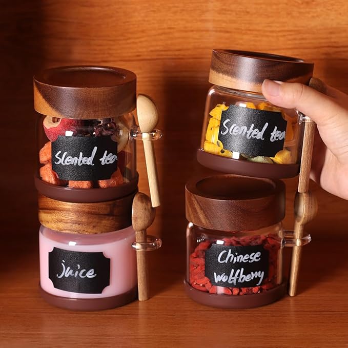 SAIOOL High Bprosilicate Glass 4 Pack Spice Jars with Label and Spoons,Overnight Oats Containers with Acacia Airtight Lids,Glass Food Storage Jars, Coffee Bar (Acacia 8.6 OZ*4)
