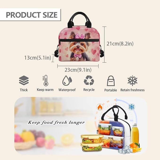 Showudesigns Yorkshire Dog Lunch Bag for Women Cute Insulated Lunch Box Teen Girls Lightweight Lunch Containers for School Work Office Shopping Travel Cooler Tote Bags School Supplies