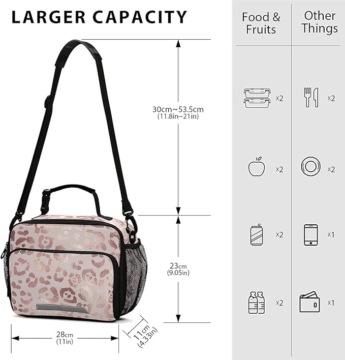 MNSRUU Student Lunch Bag Elegant Rose Gold Leopard Insulated Lunch Totes Picnic Bag Lunch Box with Adjustable Shoulder Strap for Teen Kids Adults