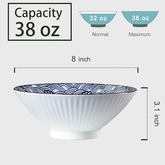 38 oz Japanese Ramen Bowl Set of 4 - Large 8 Inch Ceramic Soup Bowls, Blue and White Japanese Noodle Bowls for Pho, Ramen, and Salad - Wave Patterns