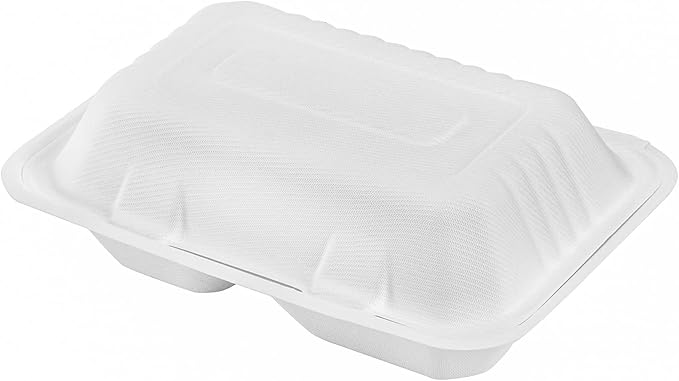 Elsjoy 90 Pack 9"x 6" Clamshell Take Out Containers, 2 Compartment Compostable Hinged Food Containers Disposable To Go Boxes, Sugar Cane Takeaway Boxes for Restaurant, Party, Microwave Safe