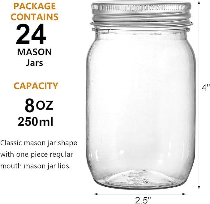 Tebery 24 Pack Clear Plastic Mason Jars with One Piece Lids, 8OZ Mason Cocktail Cup Shatterproof Drinking Jar, Refillable Empty Slime Storage Containers for Overnight Oats, Honey, Spices and Herbs