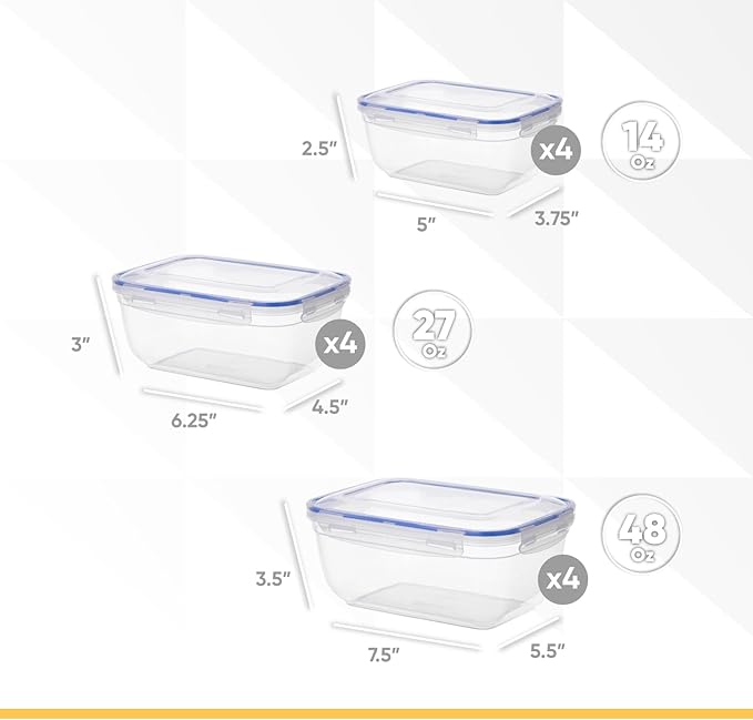 Superio Plastic Food Storage Container Set, BPA Free, Sealed Containers with Airtight Lids for Pnatry, Cupboard, and Fridge- Microwave and Dishwasher Safe (10) (12_Pack)