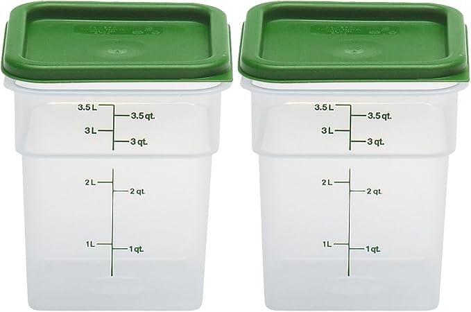 Cambro Food Storage Container with Lid (BPA-Free) - 2 Pack - Classic Series Square with Green Lid - 4 QT (Quart) - Commercial Grade for Food Prep (Translucent)