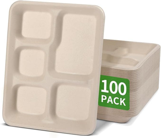 bloomoon 100 Pack 5 Compartment Paper Plates, 10 * 8 inch Disposable Lunch Trays with 5 Compartment, Heavy Duty Divided Paper Plates for Buffet, School, Party