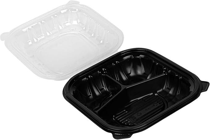 Restaurantware Thermo Tek 34 Ounce Clamshell Containers, 100 Disposable Take Out Boxes - 3 Compartments, Ventilated Lids, Black Plastic Meal Prep Containers, Microwavable, For Pasta Or Salads