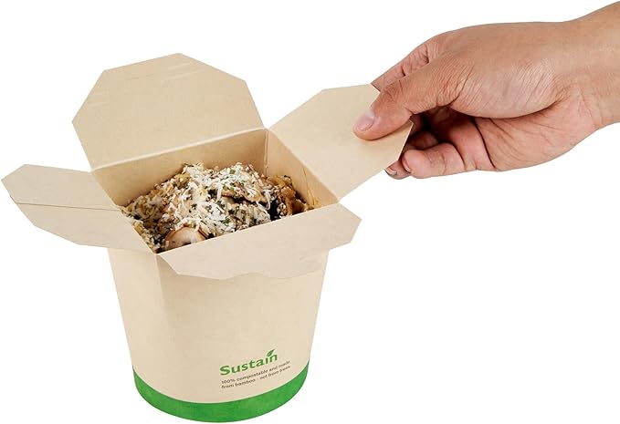 Restaurantware Sustain 32 Ounce Sturdy Paper Take Out Boxes, 200 Disposable Take Out Food Containers - With PLA lining, Compostable, Bamboo Paper Containers, Built-In Tab-Lock Cover, Greaseproof